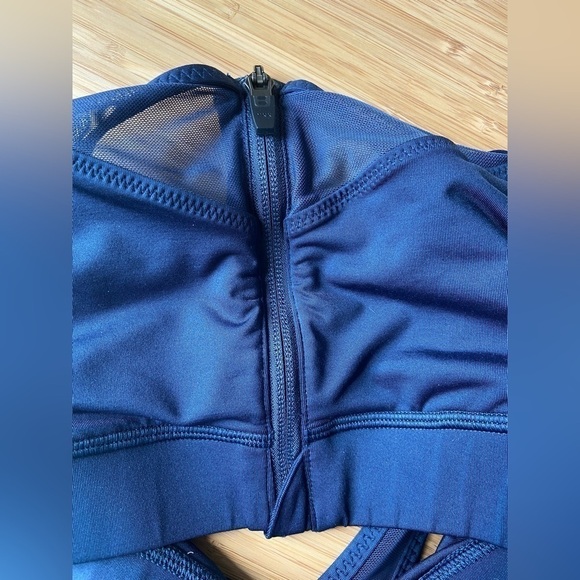 Handful Supportive Zip Clip Front Athletic Workout Running Navy Blue Sports Bra - Picture 4 of 11